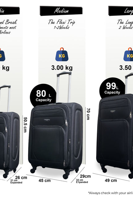 Nagoya Set of 3 Soft Shell Suitcase in Black