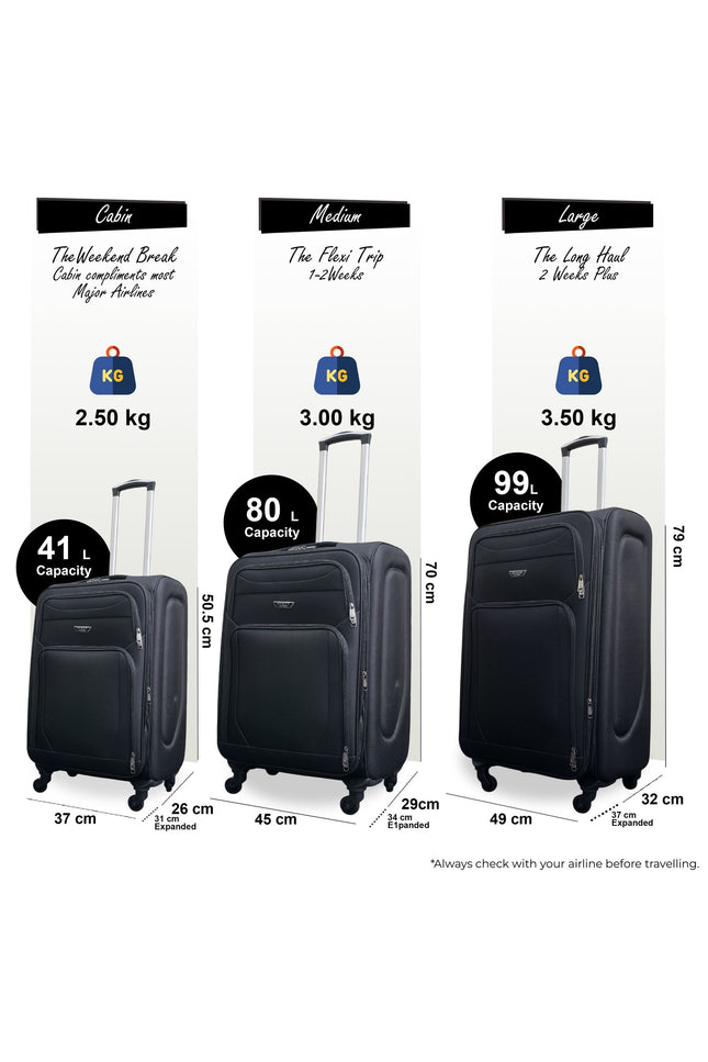 Nagoya Set of 3 Soft Shell Suitcase in Black