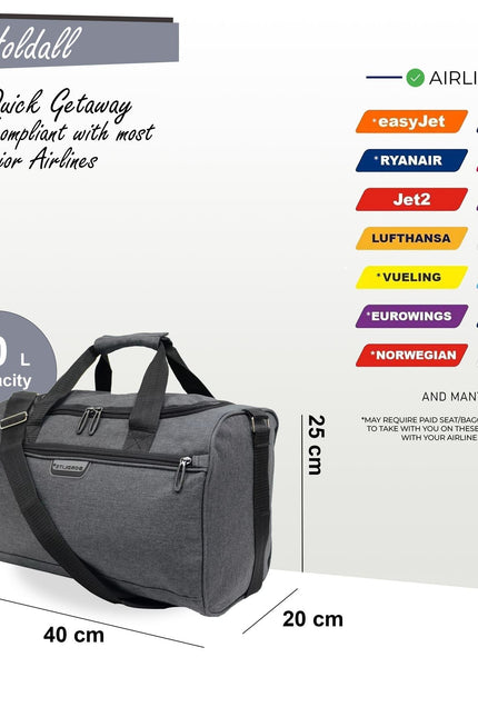 Holdall Carry On 40x 20 x25cm Under-seat Travel Cabin Bag for Ryanair, Easy Jet Grey