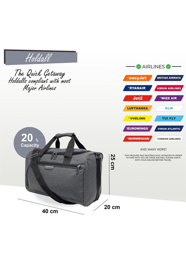Holdall Carry On 40x 20 x25cm Under-seat Travel Cabin Bag for Ryanair, Easy Jet Grey