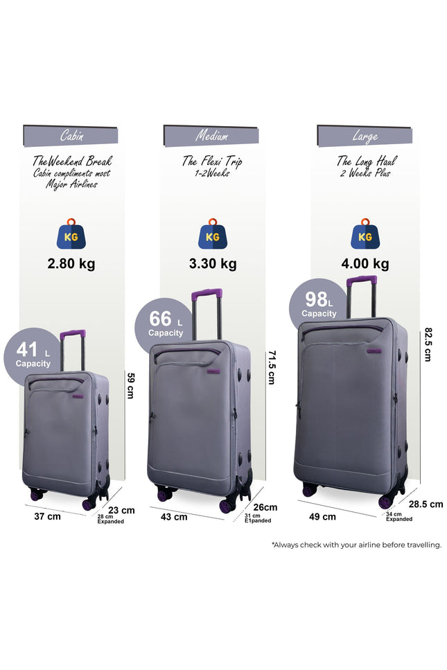 Handa Set of 3 Soft Shell Suitcase in Grey
