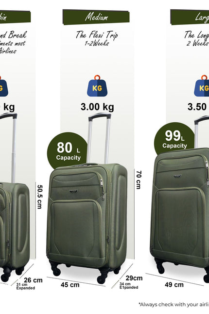 Nagoya Set of 3 Soft Shell Suitcase in Khaki