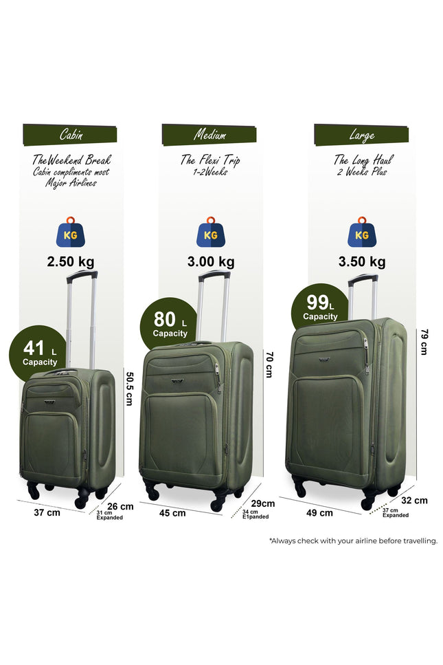 Nagoya Set of 3 Soft Shell Suitcase in Khaki