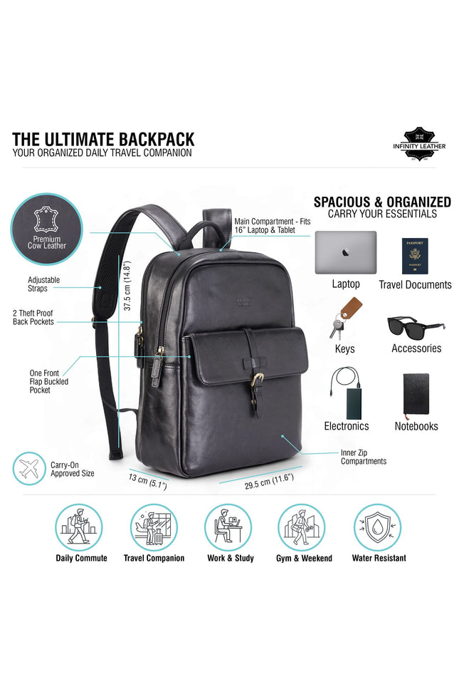 Genuine Leather Black Vintage Laptop Backpack Travel Bag - Cove