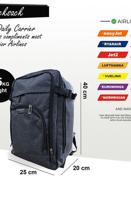 Backpack Rucksack 40x20 x25 cm Underseat Travel Cabin Bag for Easy Jet, Ryanair Black