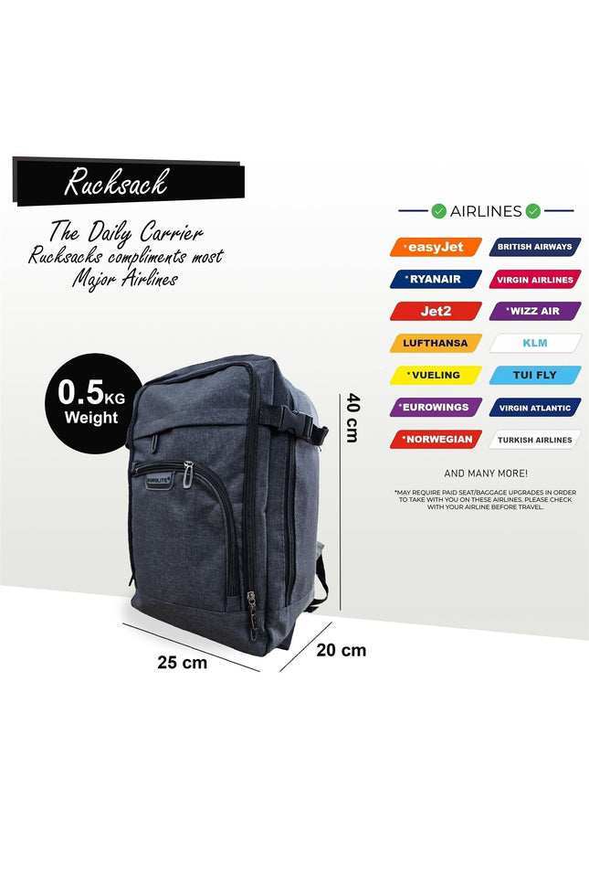 Backpack Rucksack 40x20 x25 cm Underseat Travel Cabin Bag for Easy Jet, Ryanair Black
