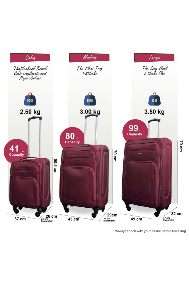 Nagoya Set of 3 Soft Shell Suitcase in Wine
