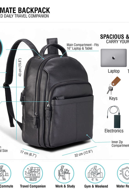 Genuine Leather Black Vintage Rucksack Laptop Bag Travel Backpack - Capri