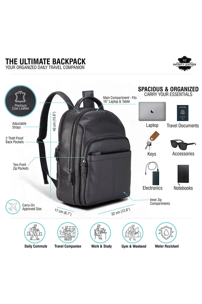 Genuine Leather Black Vintage Rucksack Laptop Bag Travel Backpack - Capri