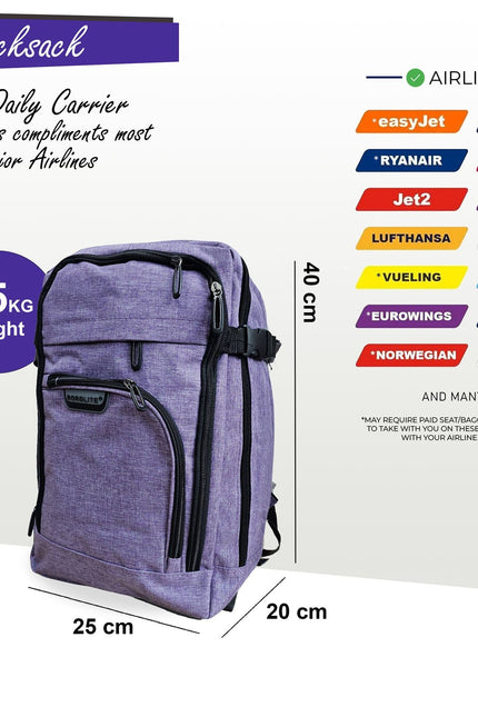 Backpack Rucksack 40x20 x25 cm Underseat Travel Cabin Bag for Easy Jet, Ryanair Lilac