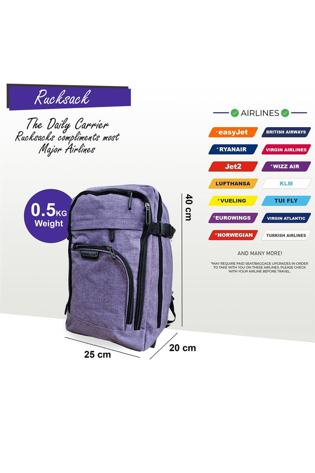 Backpack Rucksack 40x20 x25 cm Underseat Travel Cabin Bag for Easy Jet, Ryanair Lilac