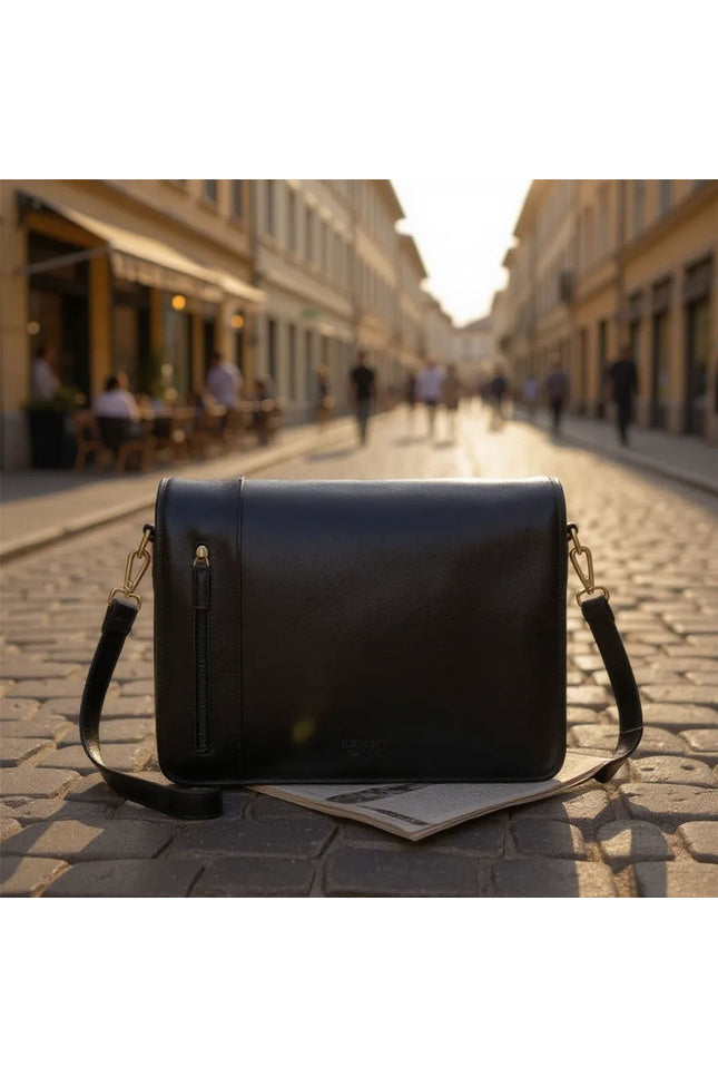 Genuine Leather Black Laptop Satchel Messenger Shoulder Bag - Astor