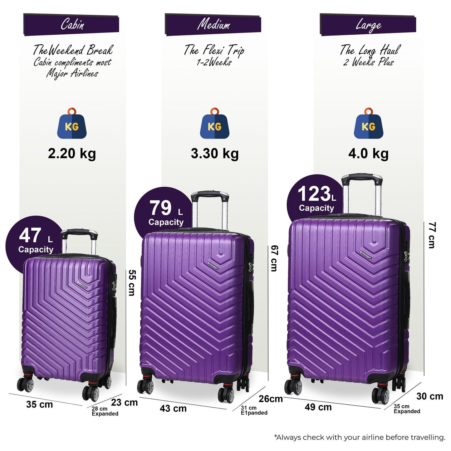 Bega Set of 3 Hard Shell Suitcase in Purple
