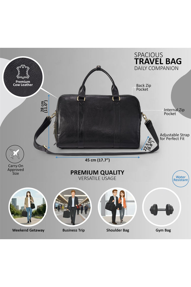 Vintage Genuine Leather Black Holdall Duffle Gym Travel Bag - Atlas