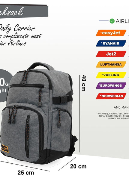 Backpack Rucksack 40x20 x25 cm Underseat Travel Cabin Bag for Ryanair, Easy Jet Grey