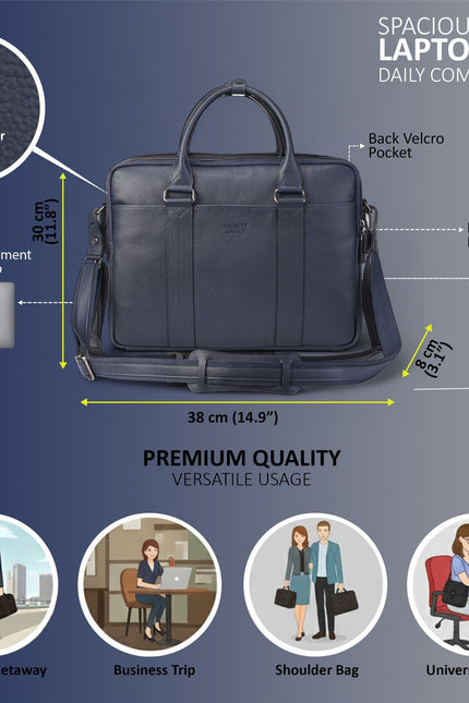 Genuine Leather Navy Laptop Business Briefcase Office Work Travel Bag - Sutton