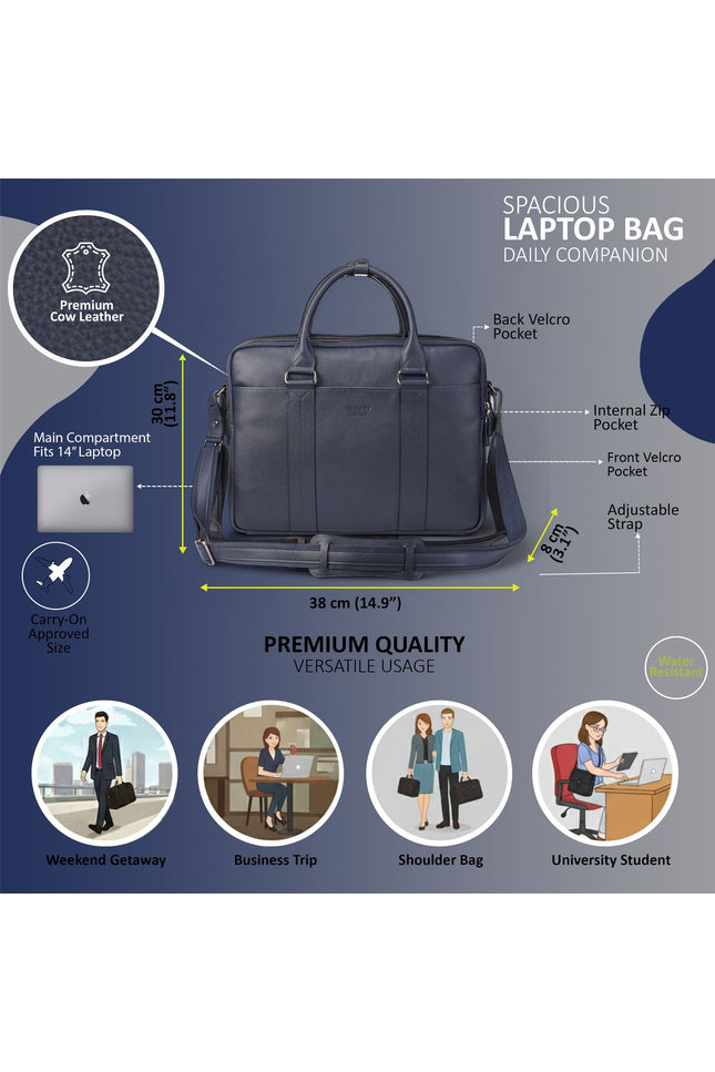 Genuine Leather Navy Laptop Business Briefcase Office Work Travel Bag - Sutton