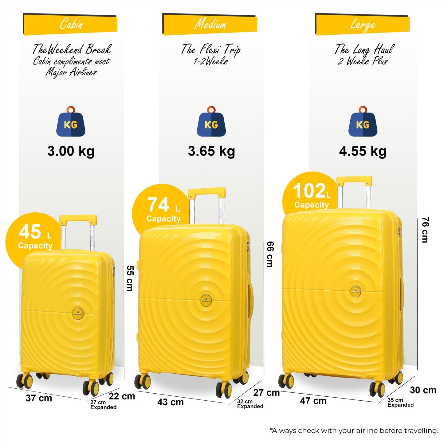 Balranald Set of 3 Hard Shell Suitcase in Yellow