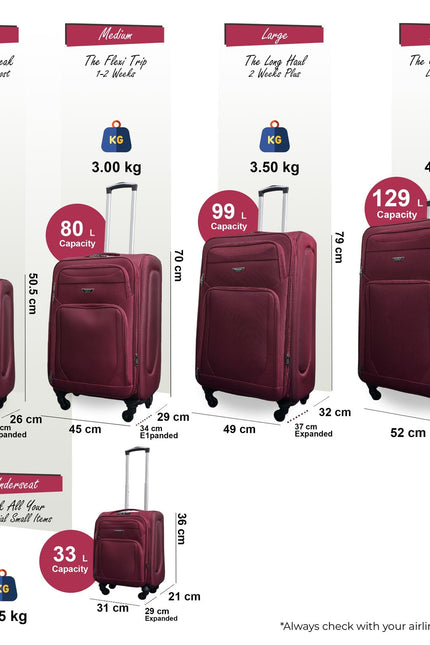 Nagoya Set of 5 Soft Shell Suitcase in Wine