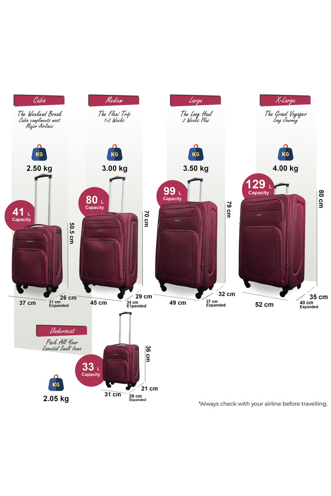 Nagoya Set of 5 Soft Shell Suitcase in Wine