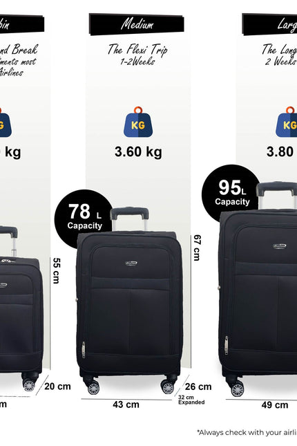 Forbes Set of 3 Soft Shell Suitcase in Black