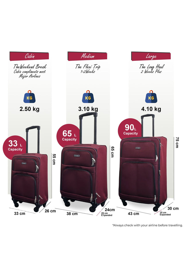 Tahara Set of 3 Soft Shell Suitcase in Wine