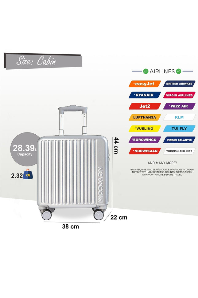 Hard Shell Cabin 44 x 22 x 38 cm Silver TSA Secure Luggage Suitcase Suitable for Easyjet, Ryanair