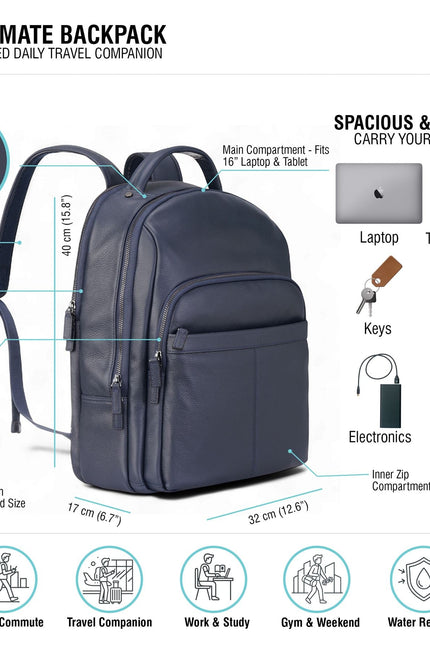 Genuine Leather Navy Blue Vintage Rucksack Laptop Bag Travel Backpack - Capri