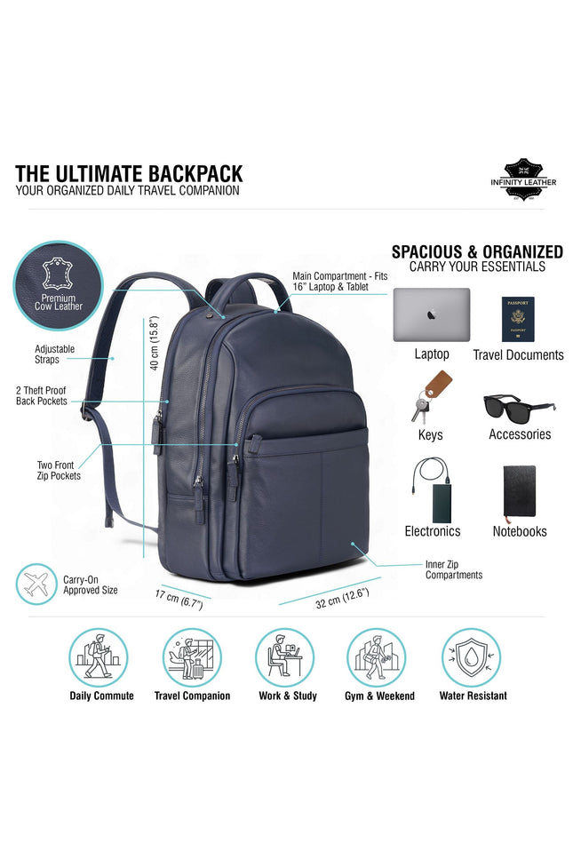 Genuine Leather Navy Blue Vintage Rucksack Laptop Bag Travel Backpack - Capri