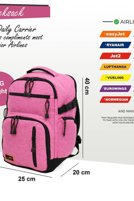 Backpack Rucksack 40x20 x25 cm Underseat Travel Cabin Bag for Ryanair, Easy Jet Pink