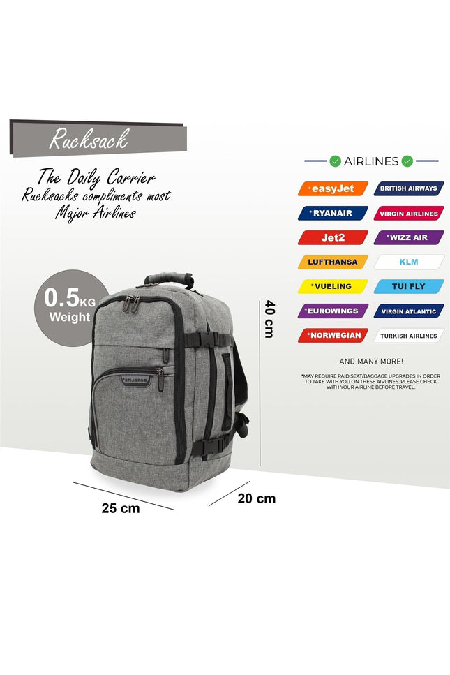 Rucksack Backpack 40x20 x25 cm Underseat Travel Cabin Bag for Easy Jet, Ryanair grey