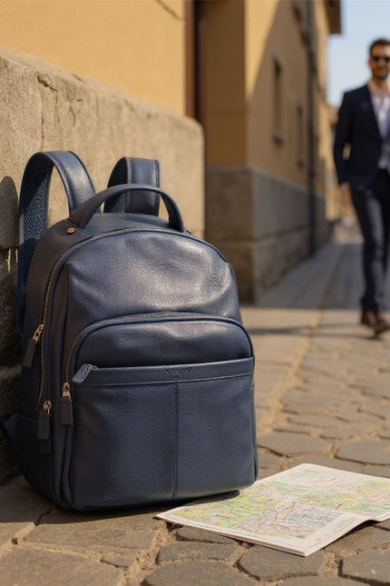 Genuine Leather Navy Blue Vintage Rucksack Laptop Bag Travel Backpack - Capri