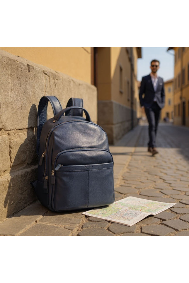 Genuine Leather Navy Blue Vintage Rucksack Laptop Bag Travel Backpack - Capri