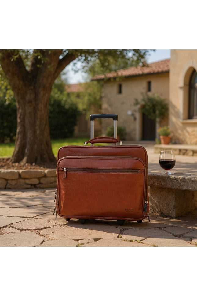 Genuine Leather Tan Wheel Laptop Briefcase Travel Cabin Pilot Bag - Nomad