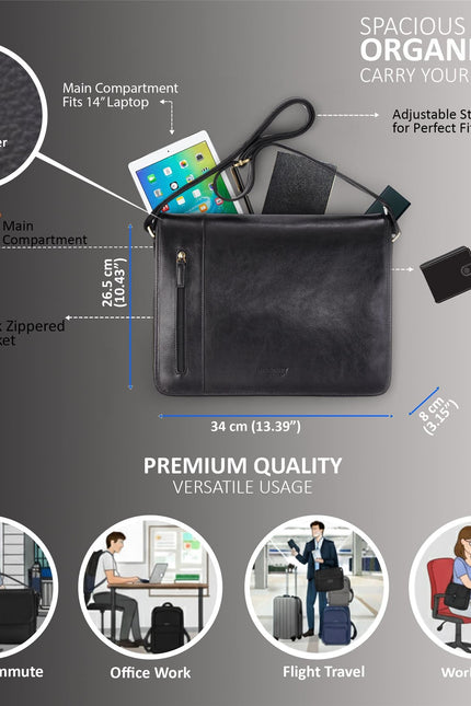 Genuine Leather Black Laptop Satchel Messenger Shoulder Bag - Astor