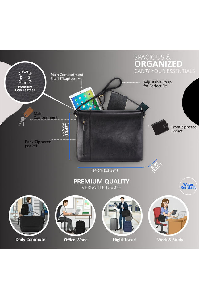 Genuine Leather Black Laptop Satchel Messenger Shoulder Bag - Astor