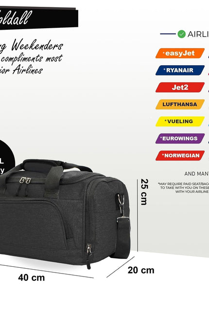Holdall Carry On 40x 20 x25cm Under-seat Travel Duffel Bag for Ryanair, Easy Jet Black