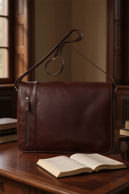 Genuine Leather Brown Laptop Satchel Messenger Shoulder Bag - Astor