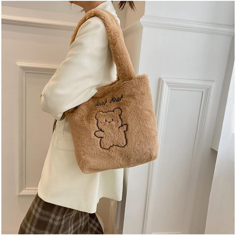 Fluffy Tote Bag Underarm Bag Ladies Fluffy Shoulder Bag Women Furry Knitted BearsTote Bag Plush Handbag for Autumn and Winter Women Cute Fluffy Crossbody Bag Shoulder Bags For Women Girls