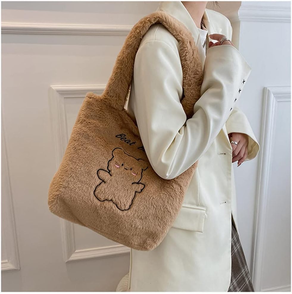 Fluffy Tote Bag Underarm Bag Ladies Fluffy Shoulder Bag Women Furry Knitted BearsTote Bag Plush Handbag for Autumn and Winter Women Cute Fluffy Crossbody Bag Shoulder Bags For Women Girls