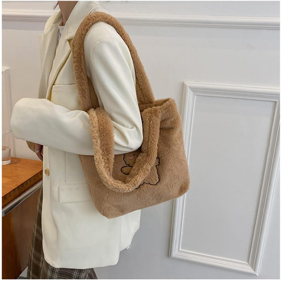 Fluffy Tote Bag Underarm Bag Ladies Fluffy Shoulder Bag Women Furry Knitted BearsTote Bag Plush Handbag for Autumn and Winter Women Cute Fluffy Crossbody Bag Shoulder Bags For Women Girls