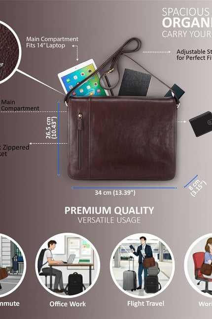Genuine Leather Brown Laptop Satchel Messenger Shoulder Bag - Astor