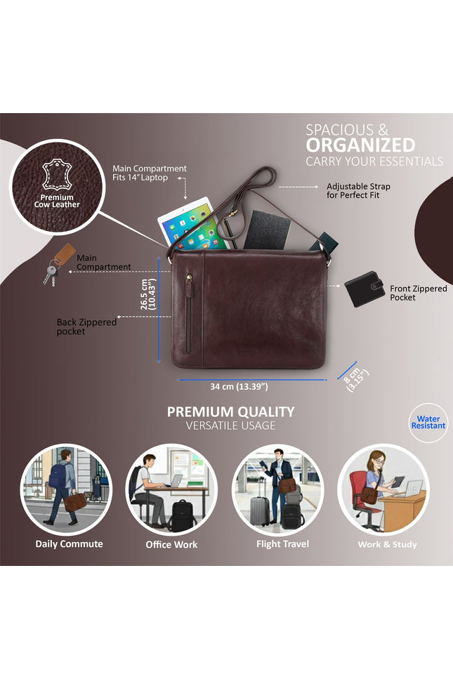 Genuine Leather Brown Laptop Satchel Messenger Shoulder Bag - Astor