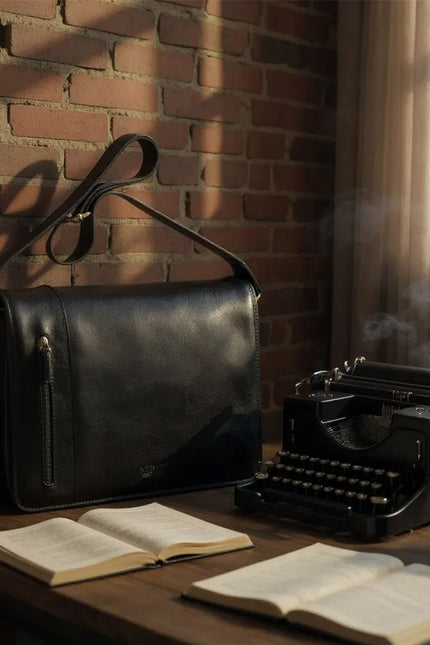 Genuine Leather Black Laptop Satchel Messenger Shoulder Bag - Astor