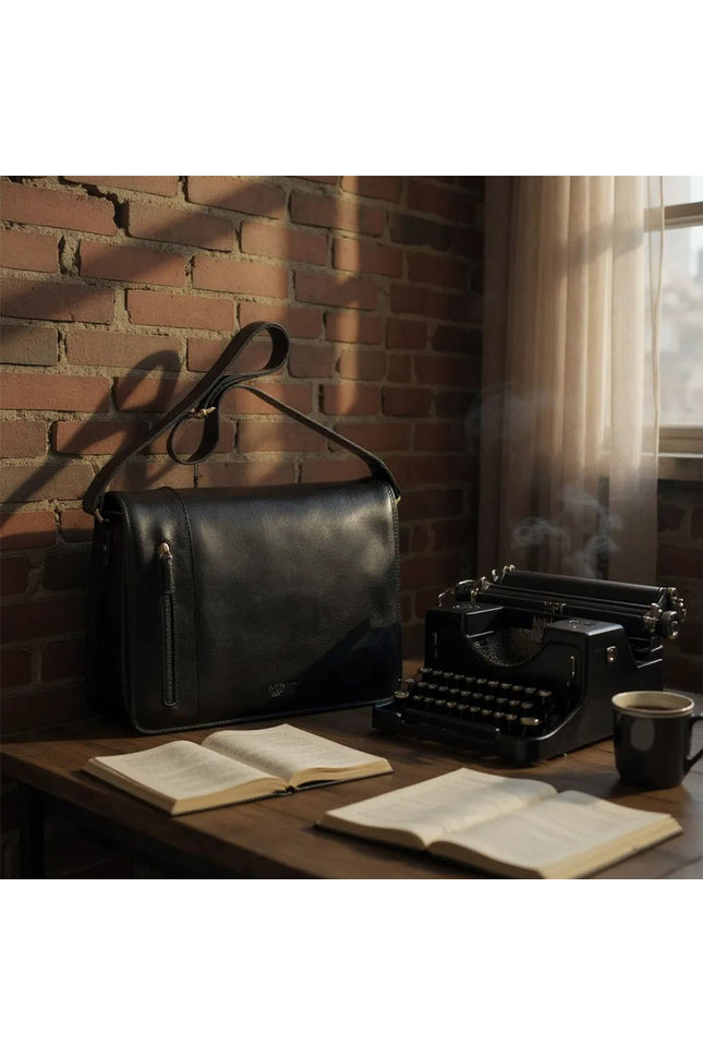 Genuine Leather Black Laptop Satchel Messenger Shoulder Bag - Astor