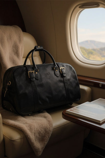Genuine Leather Black Wheeled Holdall Duffle Travel Cabin Bag - Holt
