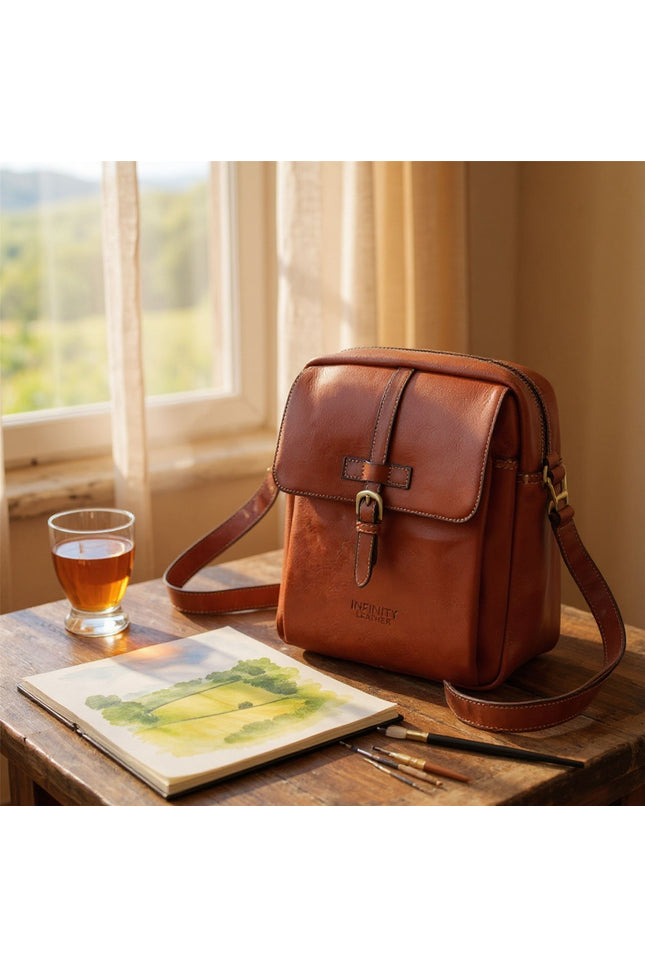 Genuine Leather Tan Vintage Crossbody Messenger Travel Bag - Ashby
