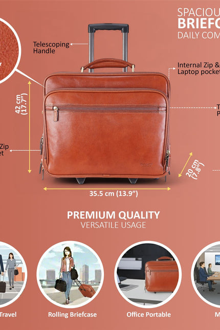 Genuine Leather Tan Wheel Laptop Briefcase Travel Cabin Pilot Bag - Nomad