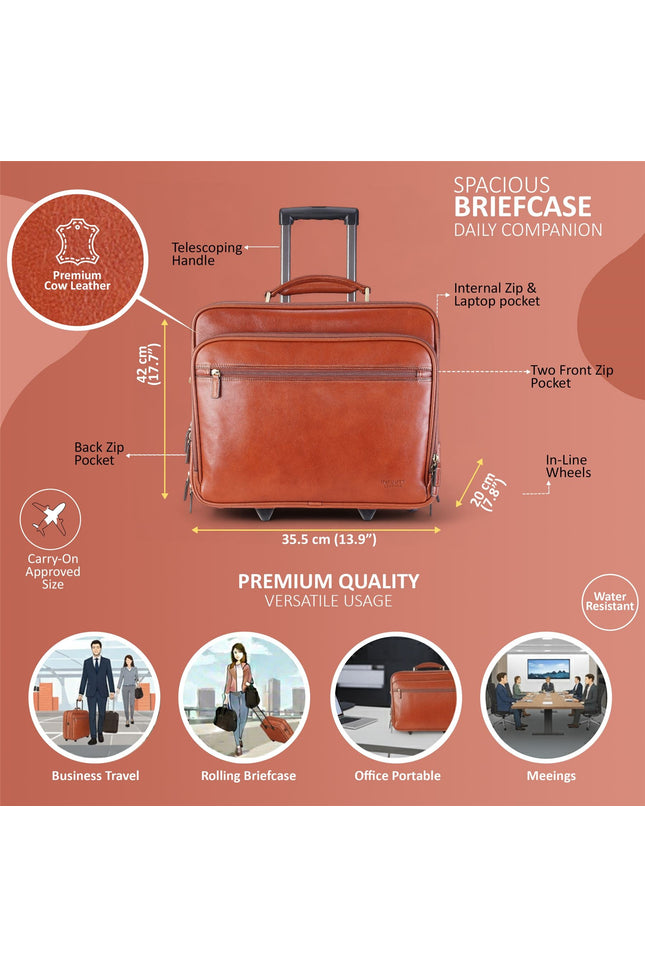 Genuine Leather Tan Wheel Laptop Briefcase Travel Cabin Pilot Bag - Nomad