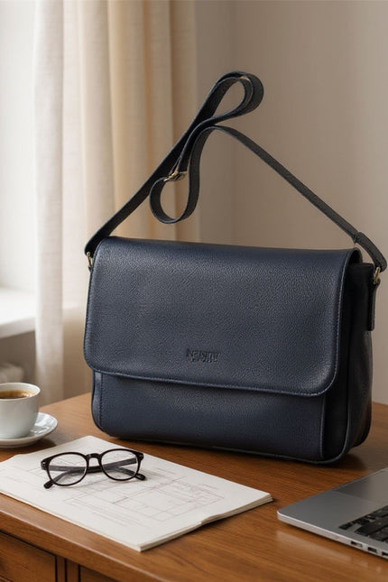 Genuine Leather Navy Laptop Bag Travel Work Messenger Satchel - Camden